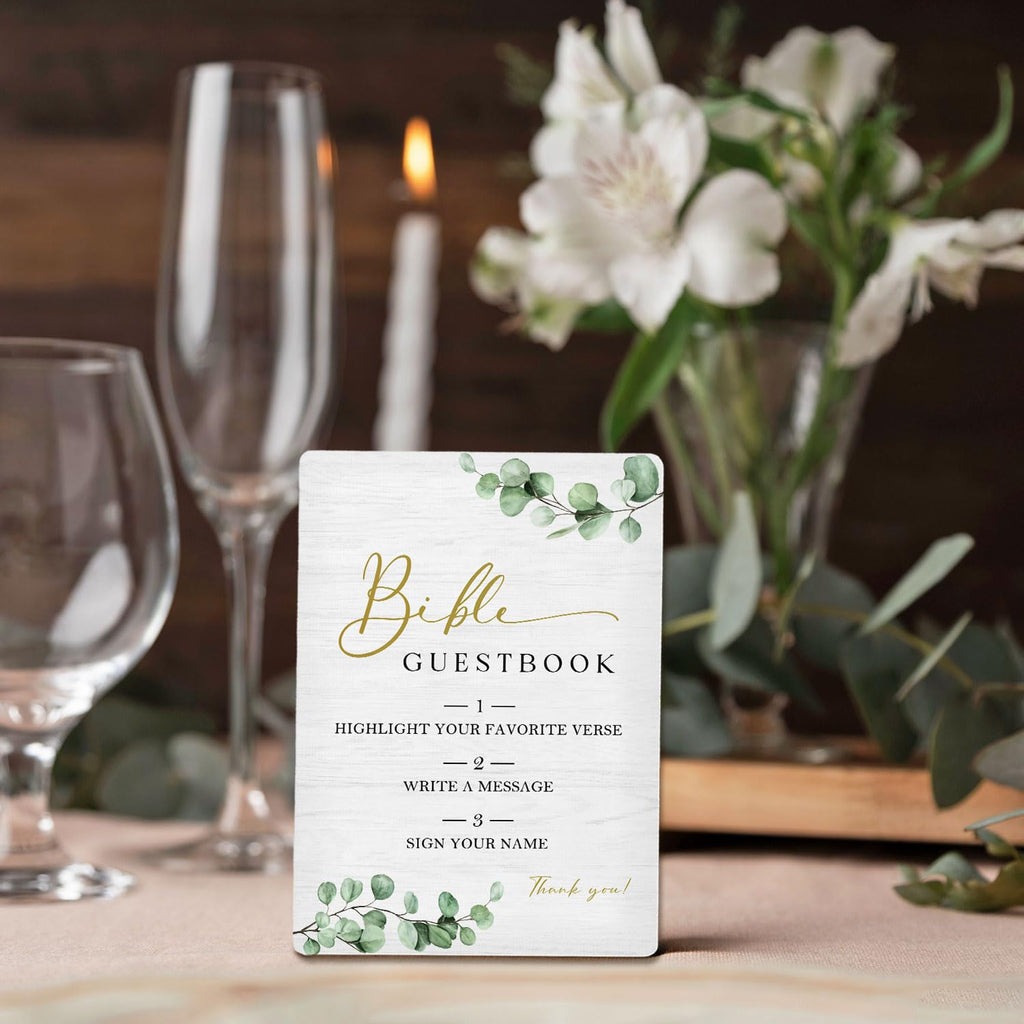 Bible Guest Book Sign 5"X7", Wedding Bible Guest Book Wooden Stand Sign, Wedding Table Decor for Ceremony & Reception (Green Leaves, 5x7 Inch) 5"X7" Green Leaves