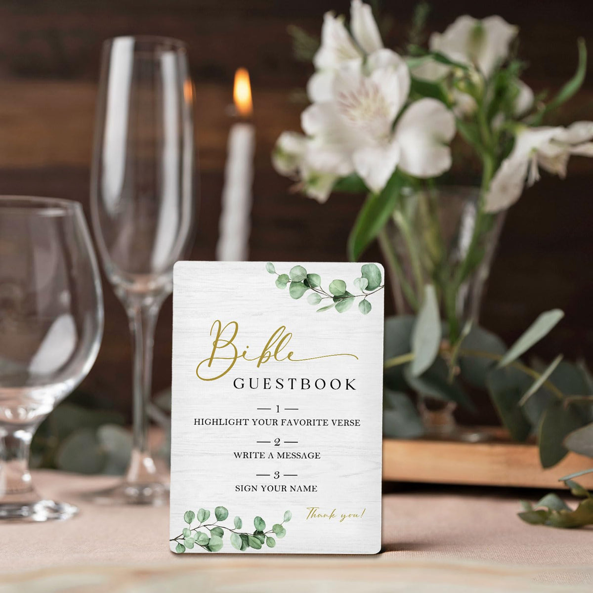 Bible Guest Book Sign 5"X7", Wedding Bible Guest Book Wooden Stand Sign, Wedding Table Decor for Ceremony & Reception (Green Leaves, 5x7 Inch) 5"X7" Green Leaves