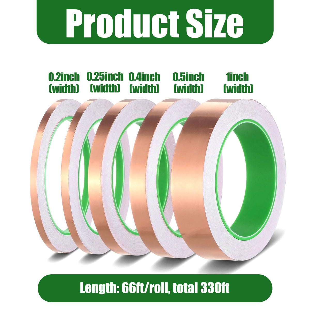 5 Pack Copper Foil Tape with Conductive Adhesive, 5 Size 1.97mil x 0.2/0.25/0.4/0.5/1Inch x 66ft Double Sided Copper Tape for Electrical Repairs, Guitar, Stained Glass, Grounding, Crafts