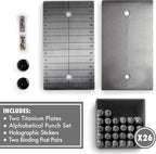 ColdTi titanium Bitcoin seed plates with punch set and seals for ultra-secure crypto seed phrase storage, featuring alphabetic punch tools.