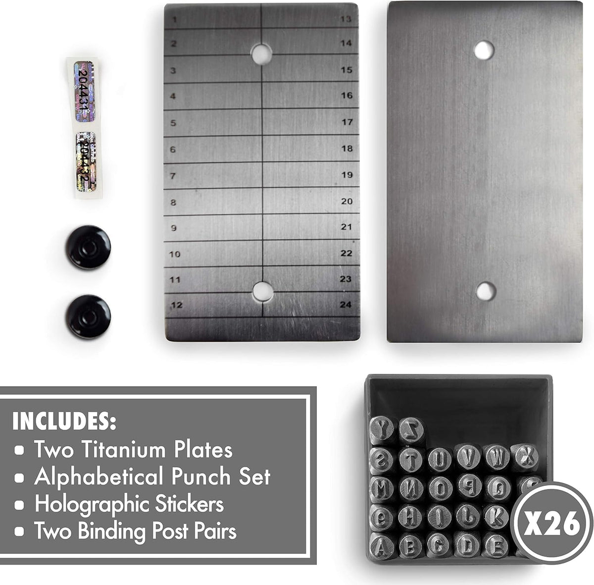 ColdTi titanium Bitcoin seed plates with punch set and seals for ultra-secure crypto seed phrase storage, featuring alphabetic punch tools.