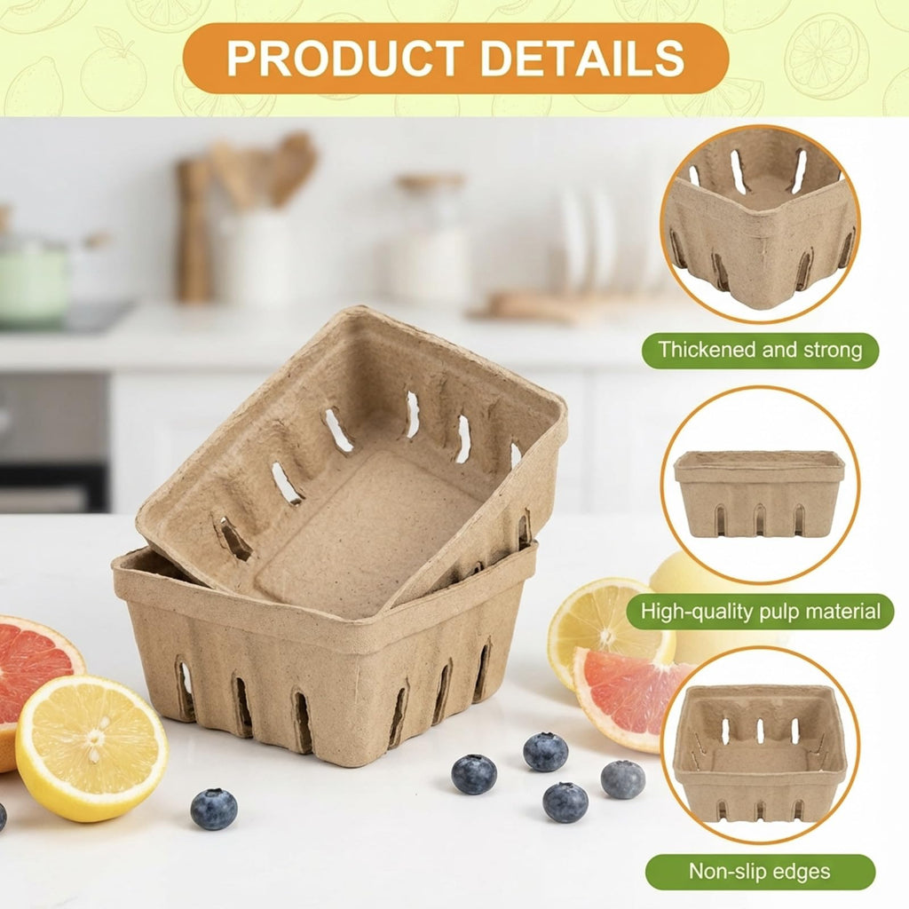 15 Pack Natural Pulp Fiber Berry Basket, Small Vented Produce Baskets