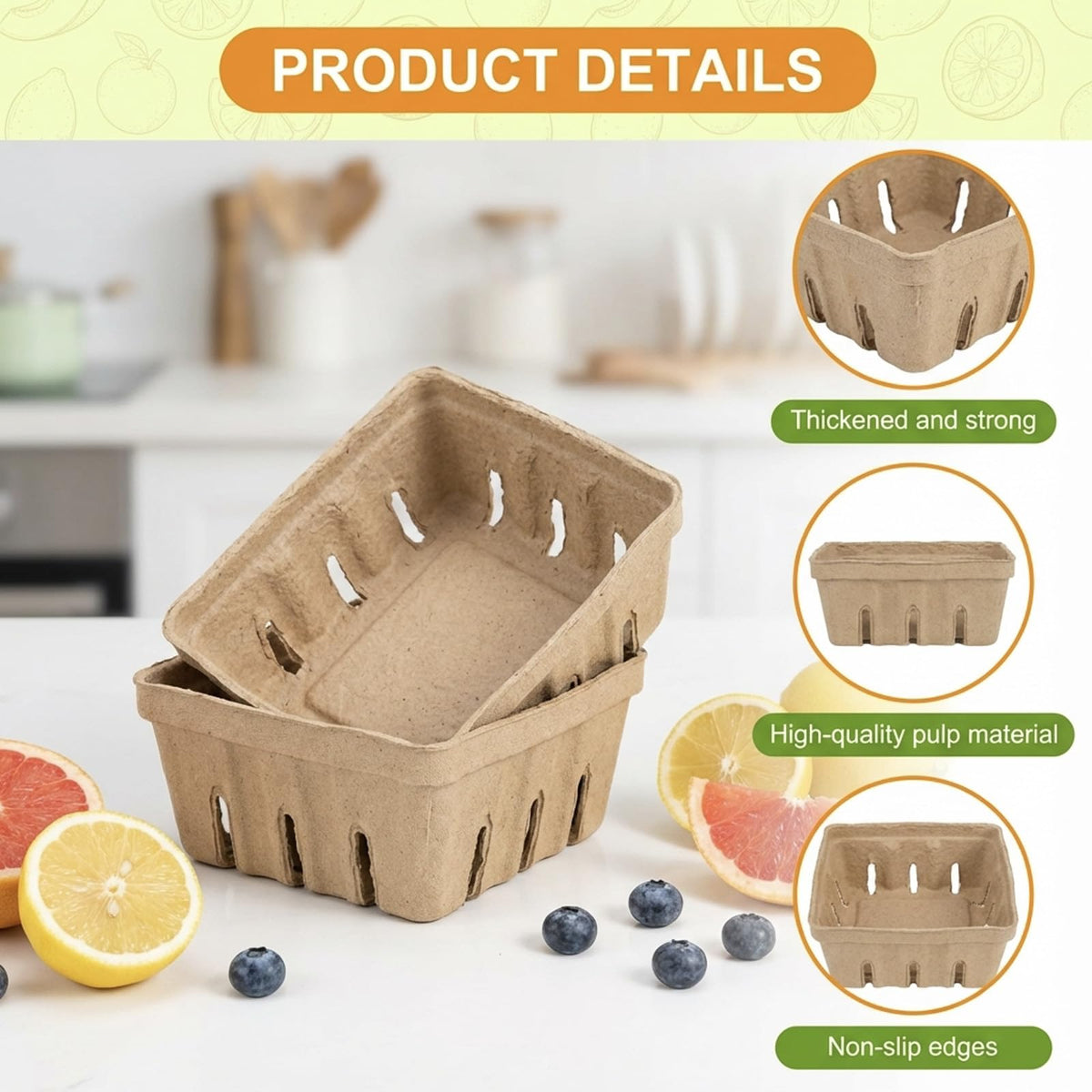15 Pack Natural Pulp Fiber Berry Basket, Small Vented Produce Baskets