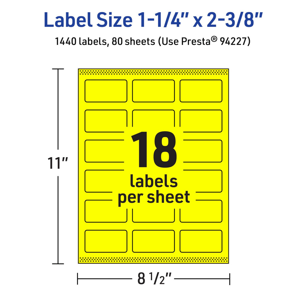 Avery Printable Rectangle Labels, Sure Feed Technology, 1-1/4" x 2-3/8", Neon Yellow Labels, Print-to-The-Edge, Laser/Inkjet Printable, 1,440 Total, Great for Mailing 1,440 labels