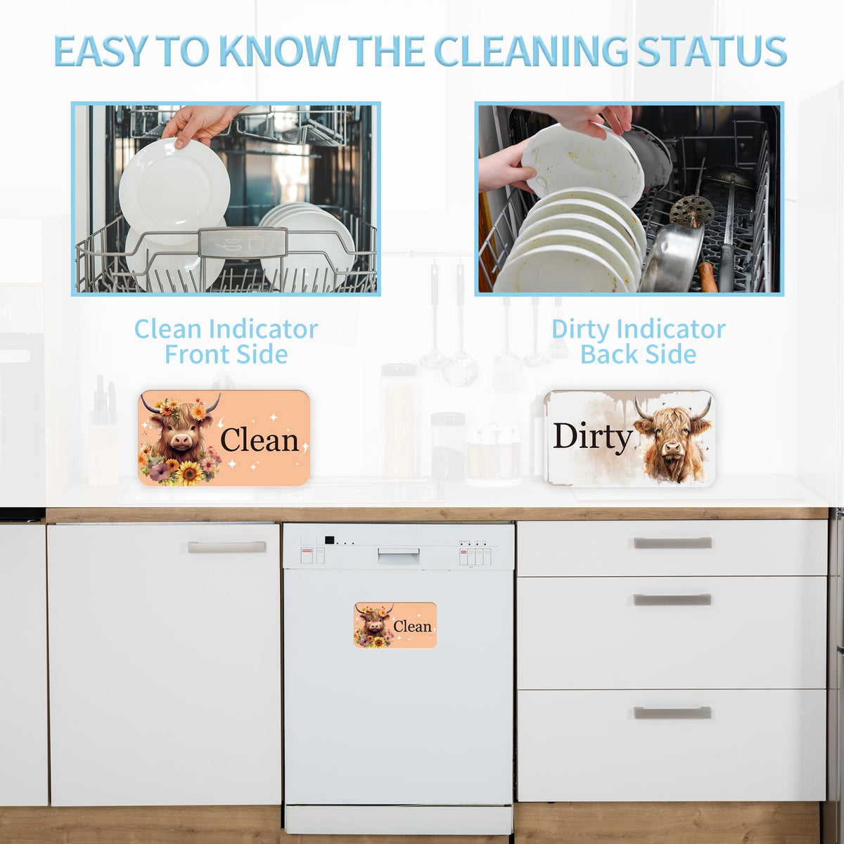 Highland Cow Dishwasher Clean Dirty Magnet, Double-Sided Highland Cow