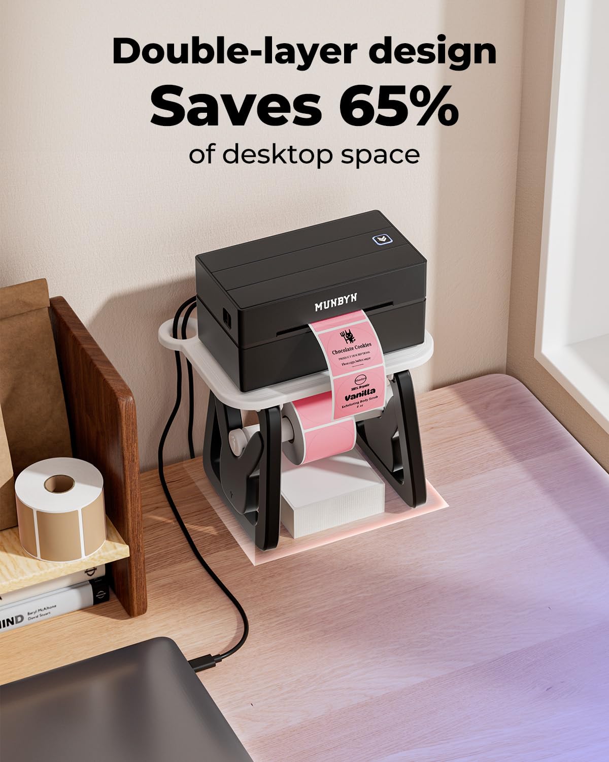 MUNBYN Thermal Label Holder for Rolls and Fanfold Labels Black and White