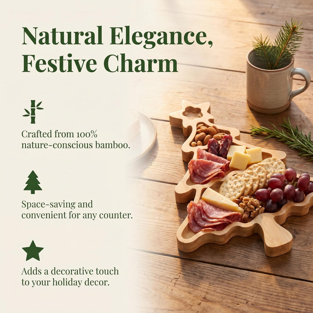 Veemoon Christmas Tree Serving Platter Small Bamboo Charcuterie Board Appetizer Display Tray Divided Candy Dish with 3 Compartments Snack Dessert Candy Fruit Plates for Xmas Party