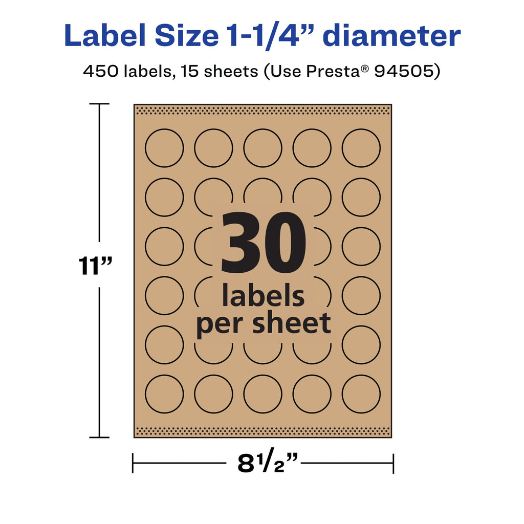 Avery® Kraft Brown Round Labels, Sure Feed® Technology, 1.25" Diameter, 450 Kraft Brown Labels, Print-to-The-Edge, Laser/Inkjet Printable Kraft Brown Paper 450 labels
