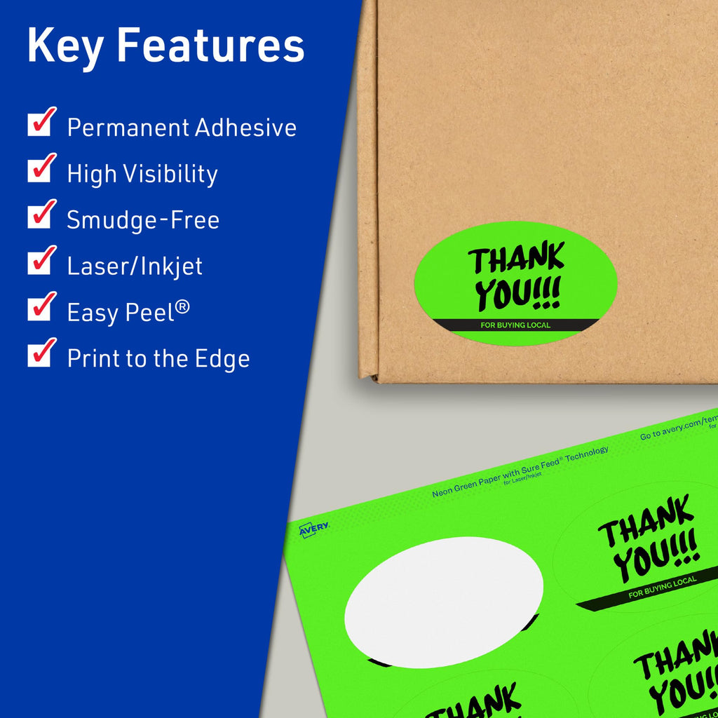 Avery® Printable Oval Labels, Sure Feed® Technology, 2" x 3-1/3", Neon Green Labels, Print-to-The-Edge, Laser/Inkjet Printable, 160 Total, Great for Soaps and Candles 160 labels