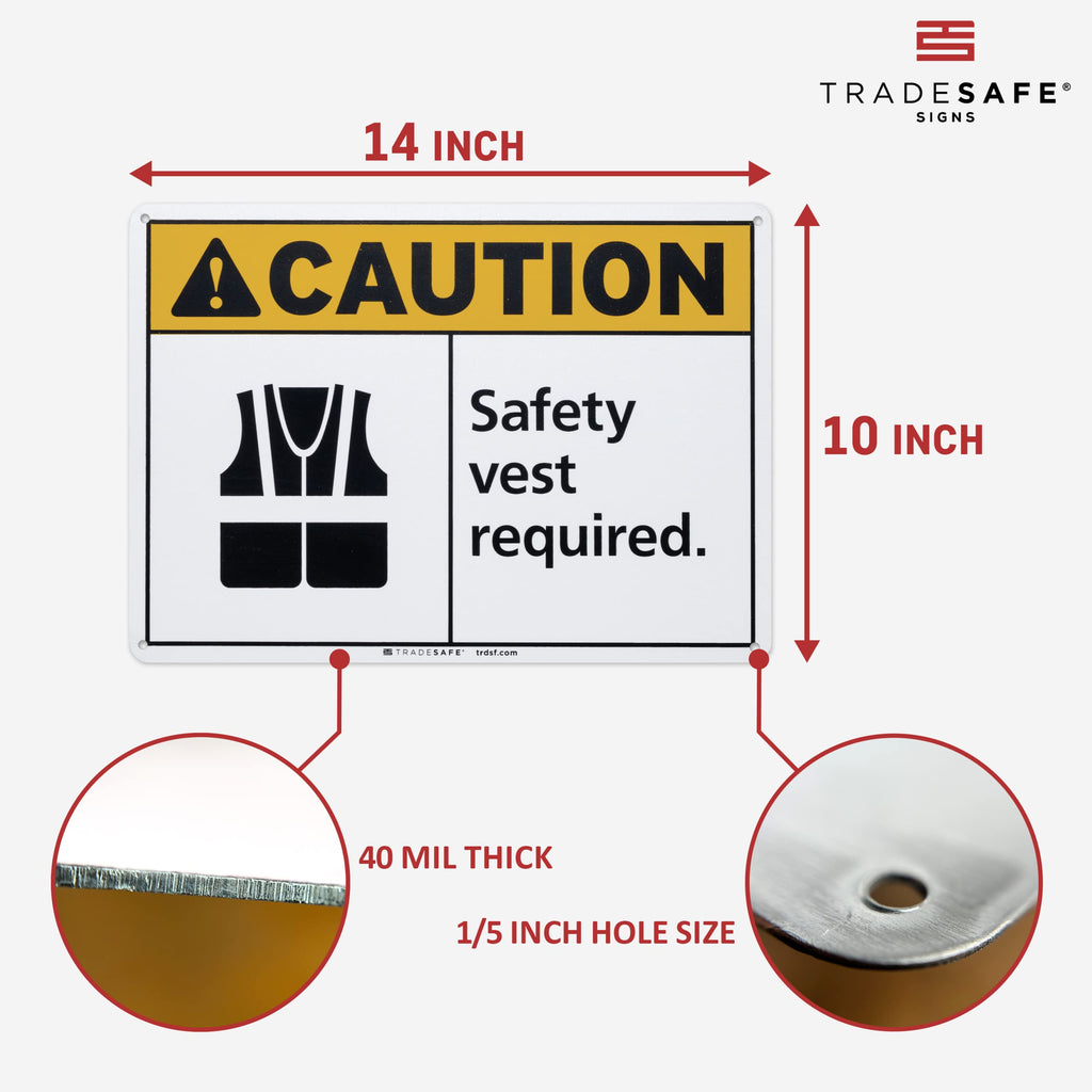 TRADESAFE Caution Safety Vest Required Sign, Aluminum PPE Safety Signs