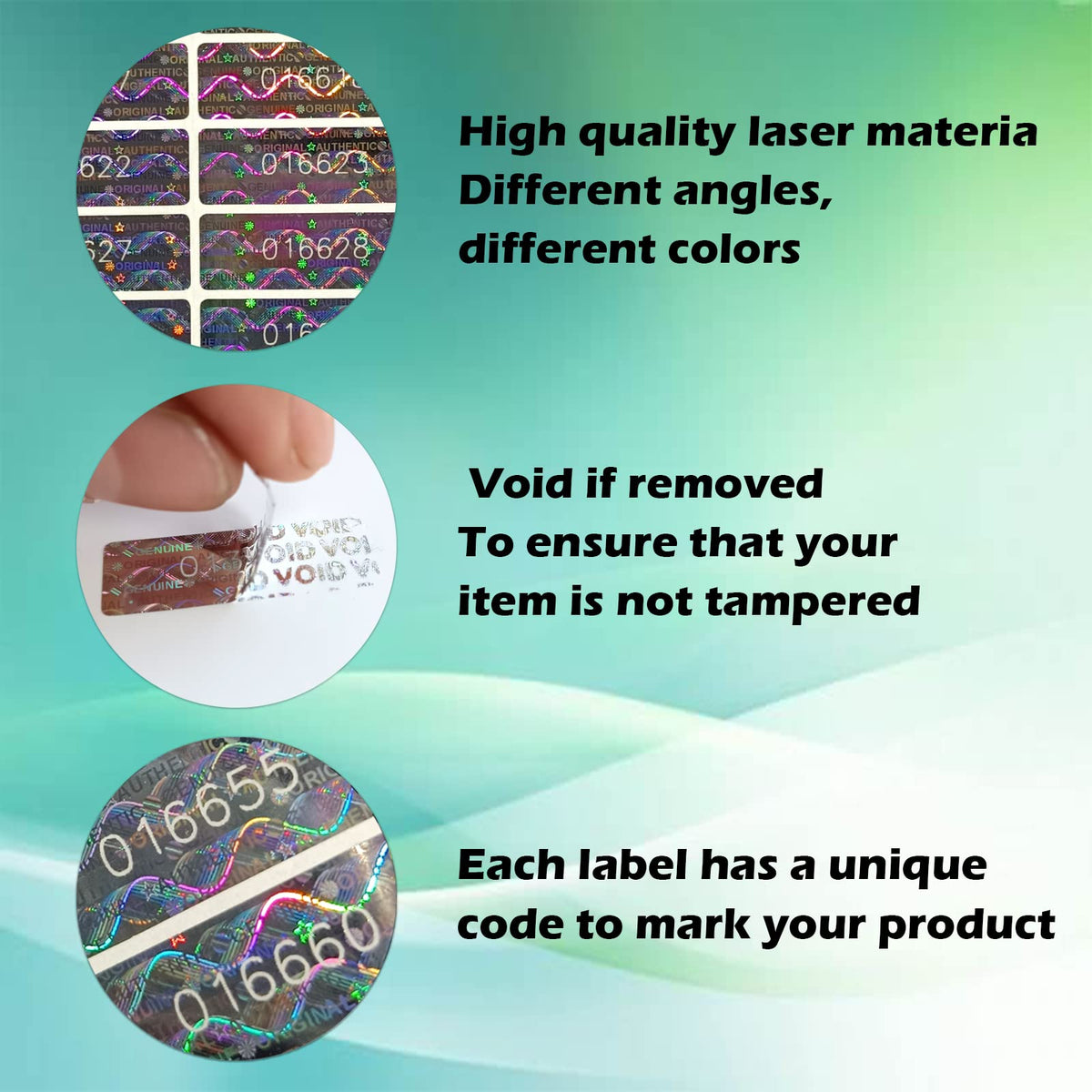Silver hologram tamper-proof stickers with sequential serial numbers, security labels for warranty sealing, GQYHLABO brand, 320 pieces.