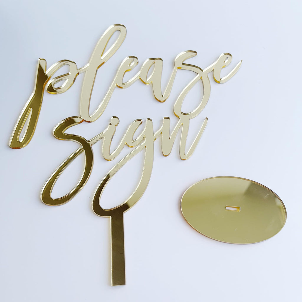 Please Sign Wedding Table Number Signs with Stand, 8.5 x 10 inches, Gold Mirrored Acrylic (Gold Mirrored)