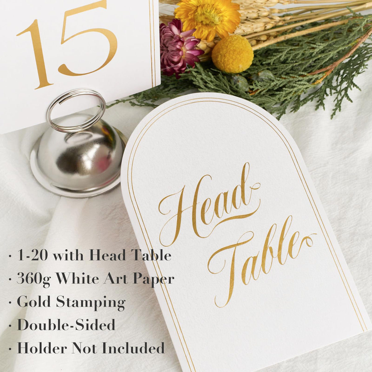 Wedding Table Numbers 1-20 with Head Table, Gold Table Numbers, Art Paper
