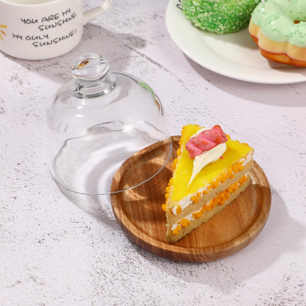 4.2 Inch Wooden Base Small Cake Display Stand with Glass Dome,Cloche Clear Glass Bell Jar Cover for Dessert Cheese Candy Plants Succulents