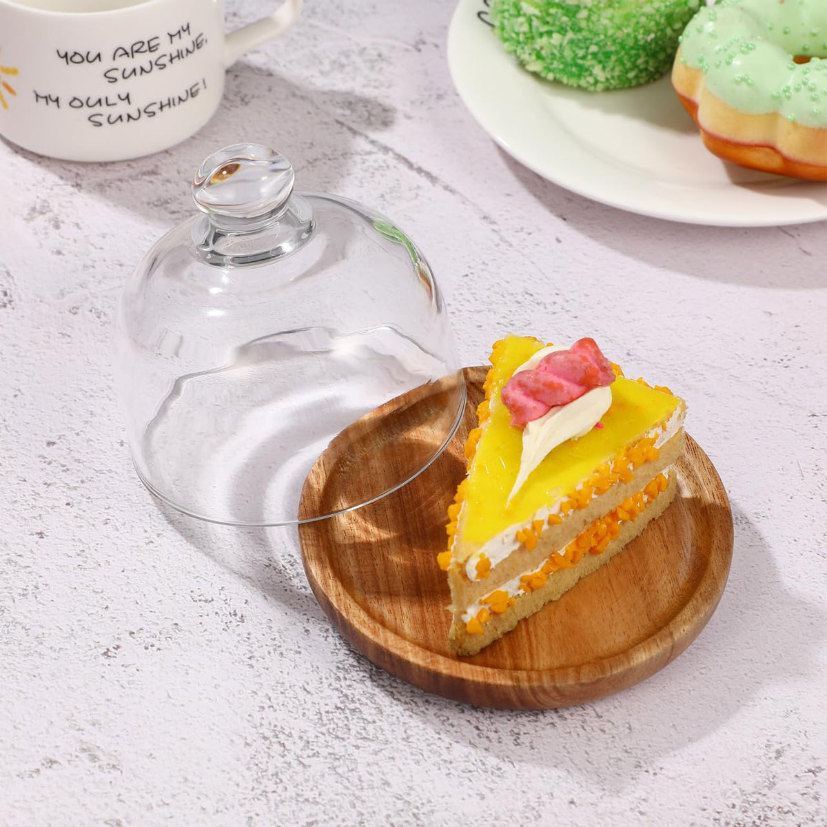 4.2 Inch Wooden Base Small Cake Display Stand with Glass Dome,Cloche Clear Glass Bell Jar Cover for Dessert Cheese Candy Plants Succulents
