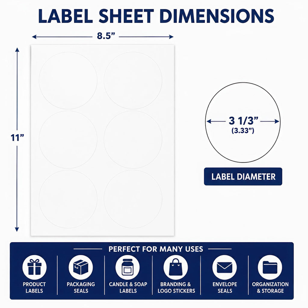 White Round Labels 3 1/3" Permanent Adhesive Matte Finish - 600 Labels