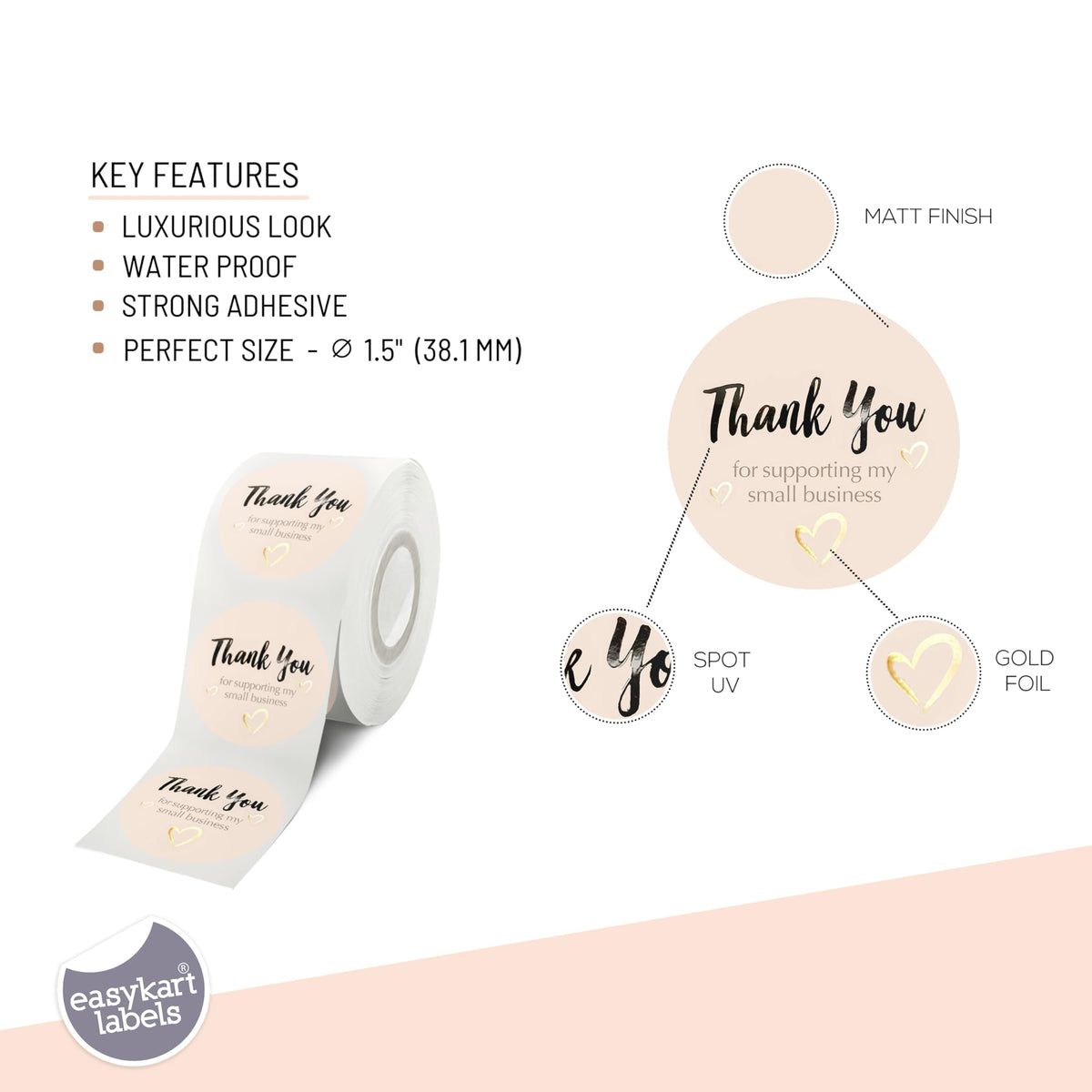 EasyKart Labels 4000 Pcs Thank You Stickers Rolls, 1.5 Inch Round | Gold Foil Thank You Seal Stickers | Pastel Peach Color with UV Effect 4000 Stickers