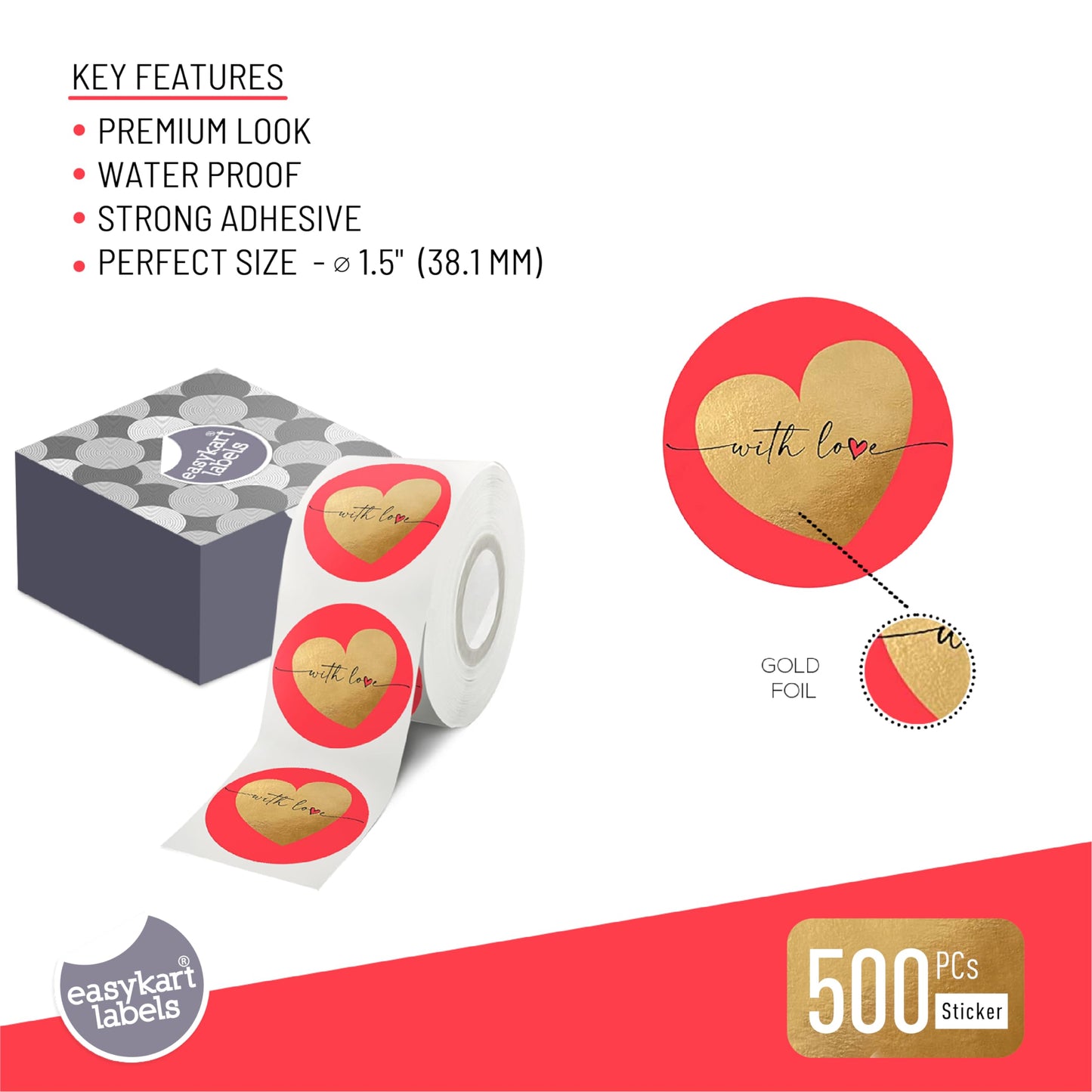 easykart labels 500 with Love Stickers with Gold Foiling, 1.5 Inch Size Best Suitable for Anniversary, Birthday's, Valentine's Day Gifting, Decoration,Theme Parties .… 500 Stickers