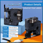Replacement for Dymo Rhino Label Tape 3/8 Permanent Vinyl Industrial White on Black 3/8'' 5