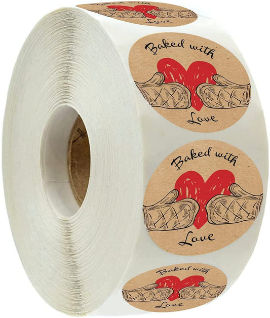 Baked with Love Labels | 500 Count | 1.5 Inch | Adhesive Baking Stickers | Bakery Bags | Candle & Soap Packaging 1 Roll