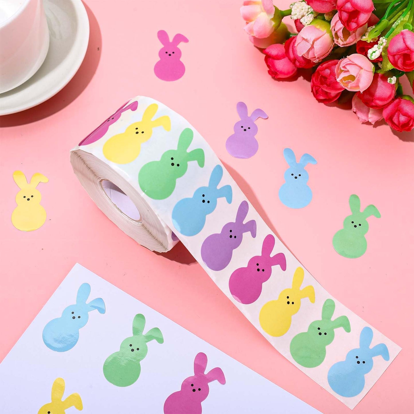 Whaline 1000Pcs Colorful Bunny Stickers Easter Bunny Stickers in Roll Rabbit Pattern Label Self-Adhesive Stickers for Easter Holiday Party Boxes Cards Seal Envelopes, 5 Colors