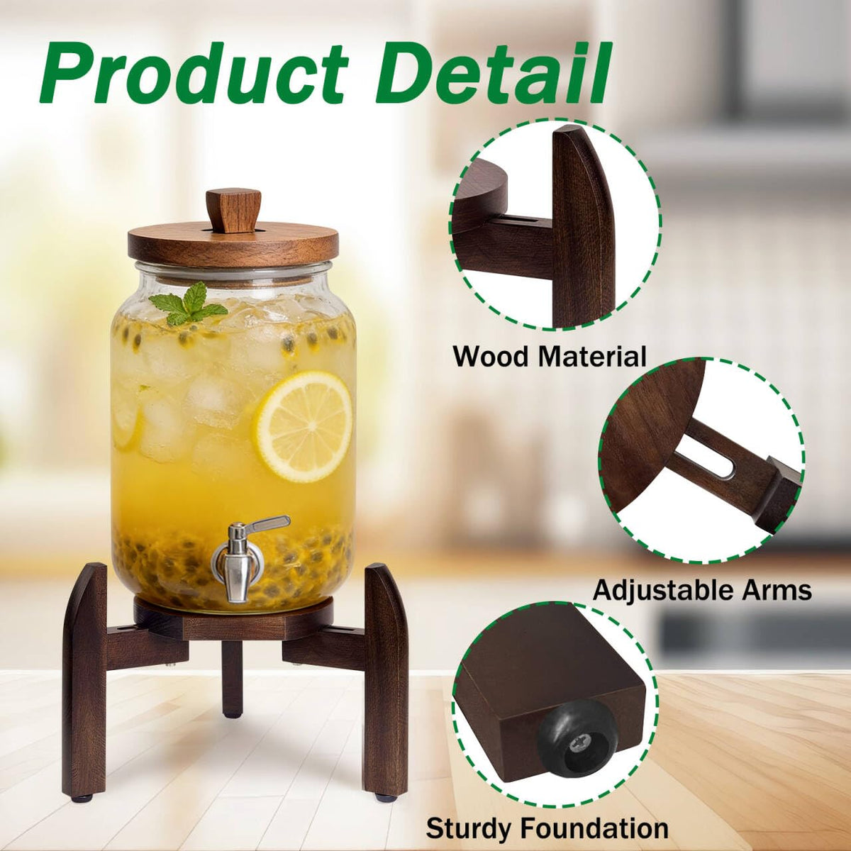 Adjustable Drink Dispenser Stand – Solid Wood Base Fits 8” to 11.2” Wide Containers, Heavy Duty 45 lbs Capacity for 5 Gallon Water Jug, Beverage Server, Flower Pot, Vase, Fish Bowl – Rustic Countertop Stand for Kitchen, Bar, Party