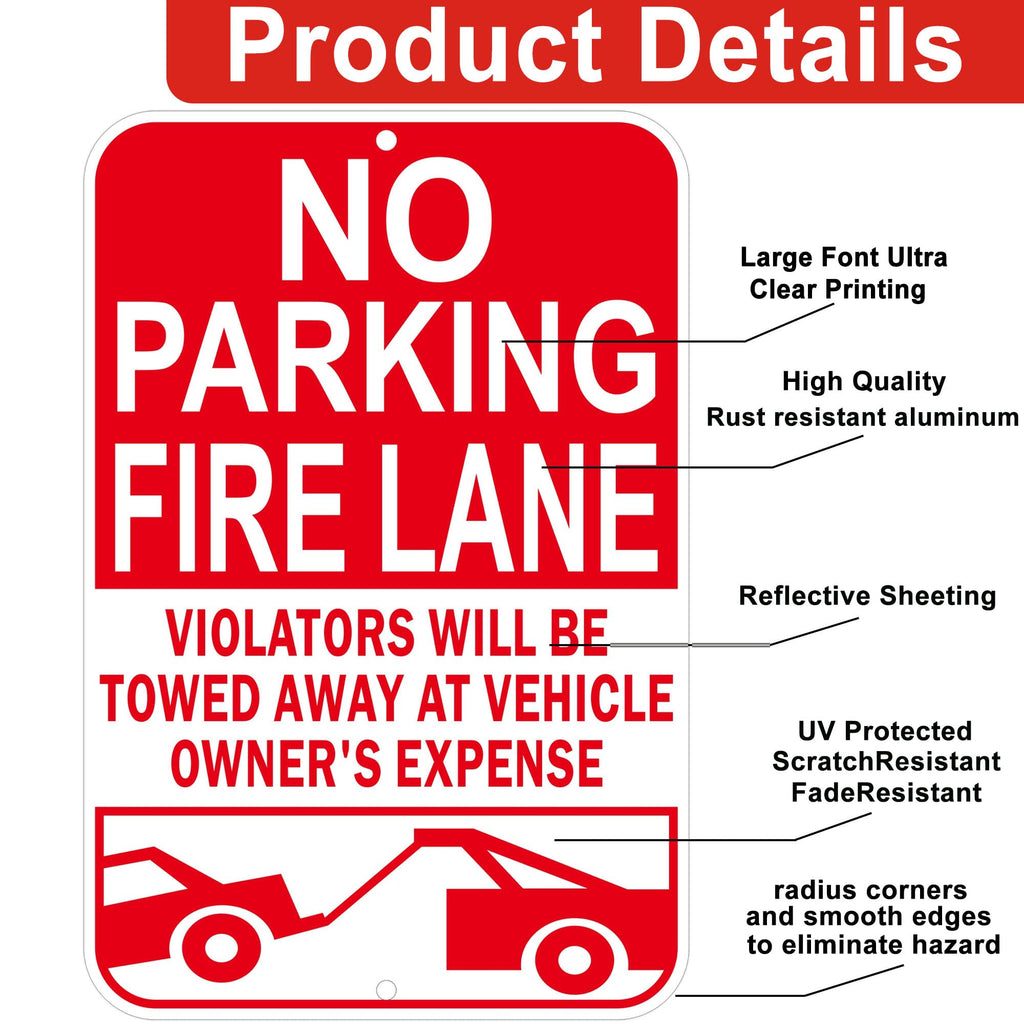 No Parking Fire Lane Sign, Reflective Aluminum, 12 x 18 Inches, Weather Resistant, UV Protected, Indoor Outdoor Use, 2 Pack Red - 2 Pack - 12" x 18" 01