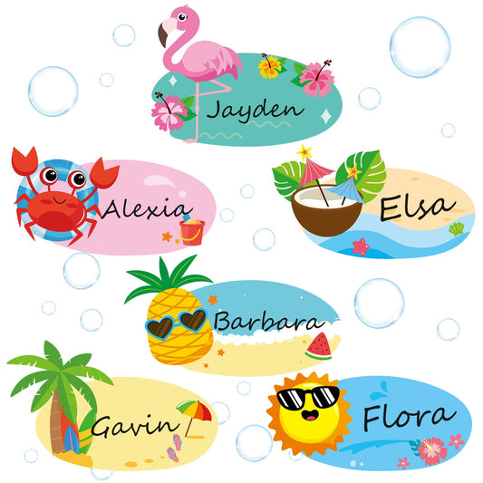 Henoyso 108 Pcs Summer Name Tag Labels Hawaiian Name Tag Stickers Self Adhesive Classroom Name Tags for School Office Home Supplies Summer Party Favor