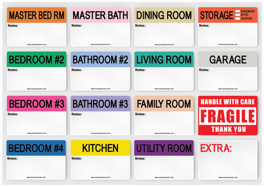 enKo - 2 x 3 Inch Extra Large Home Moving Packing Labels Stickers for Box - Color Coded for Boxes, Packing Box Fragile Stickers (800 Labels, 4 Bedroom House) 2" X 3" 80 Sheets, 800 Labels