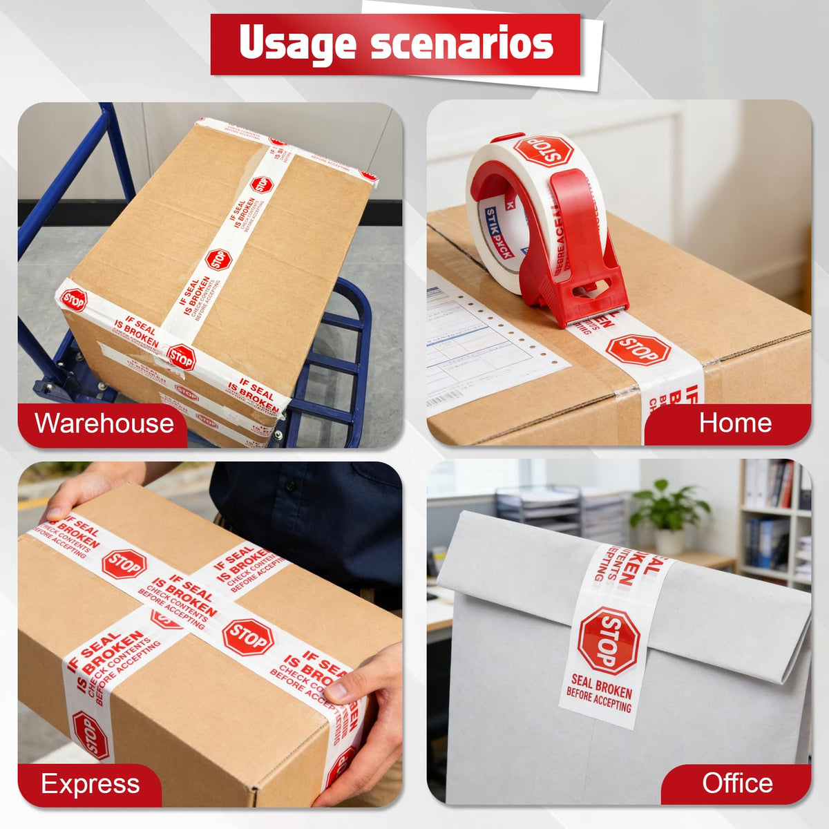 2 Pack Stop Sign Sealing Tape Pre-Printed IF Seal is Broken Check Contents Before Accepting Heavy Duty Packing Tape with Dispenser 2 Inch x 110 Yards, Total 220Y for Moving and Shipping