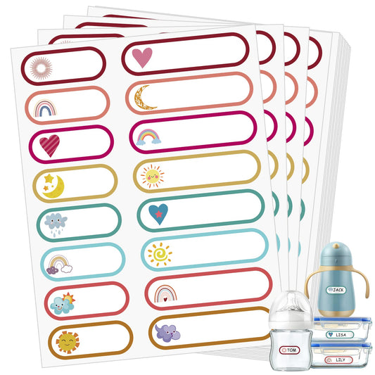 480 Pcs Baby Bottle Labels for Daycare Essentials, Waterproof Labels for Bottles, Self-Laminating School Name Tags Stickers for Kids A-Boho