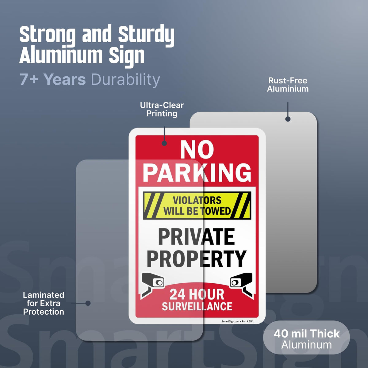 SmartSign 10 x 7 inch 'No Parking Violators Towed, Private Property, 24 Hour Surveillance' LawnPuppy Yard Sign and 18 inch Stake Kit, 40 mil Laminated Rustproof Aluminum, Set of 1 7" x 10" Aluminum Sign with 18" Stake