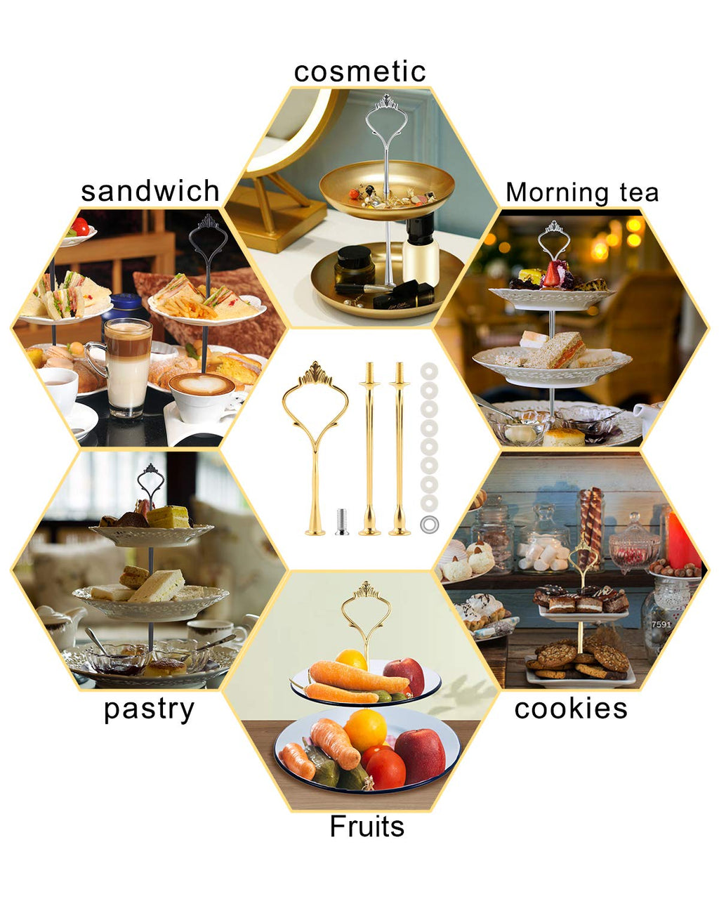 6 Set Tiered Tray Hardware – Cake Stand Fitting Kit for Dessert Display Gold & Silver & Black M
