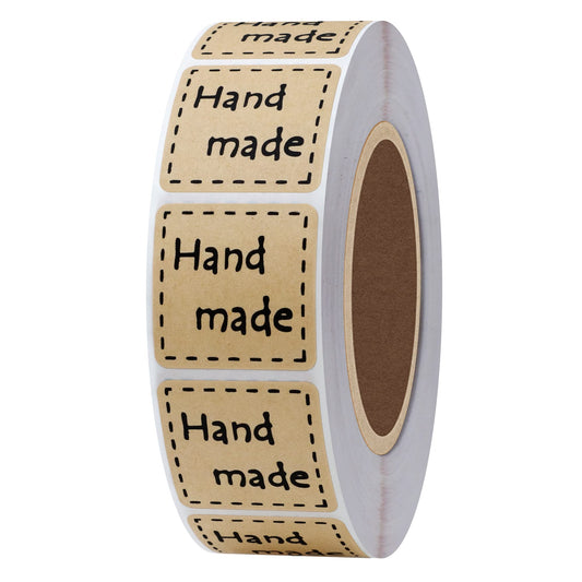 Hybsk Kraft Handmade Stickers with Black Font 1 Inch Square Total 1,000 Adhesive Labels Per Roll