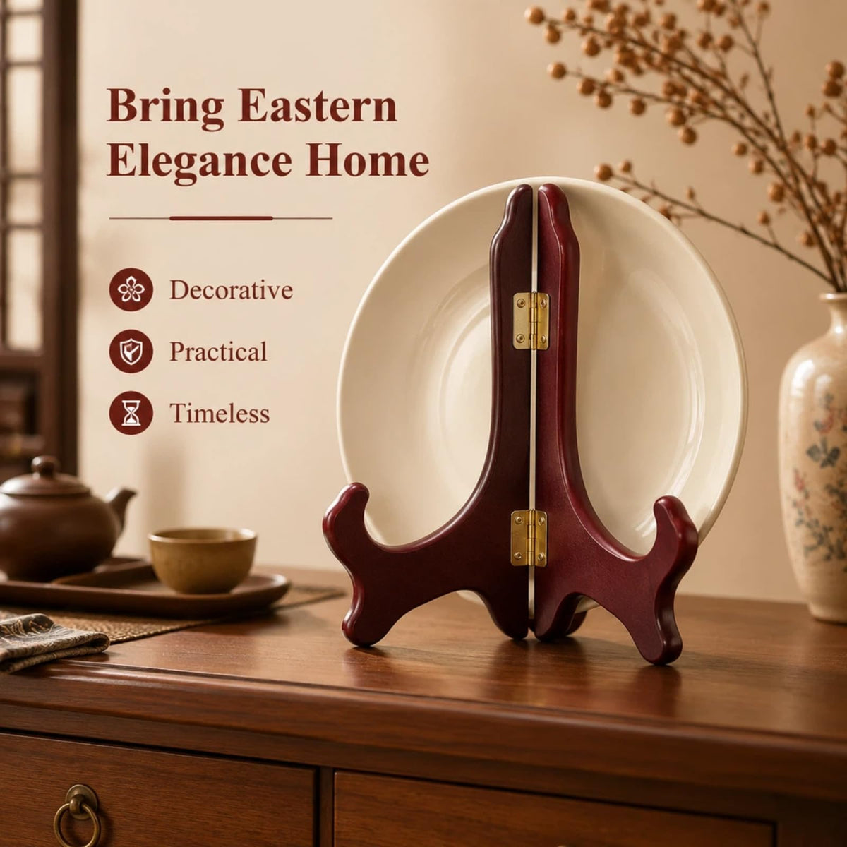 12 Inch Wooden Display Stand Folding Wood Plate Stand Frame, Decorative Plate Holders Stands for Display Pictures, Cookbooks, Birthday, Home, Party, Table Easel Display (Burgundy) Burgundy