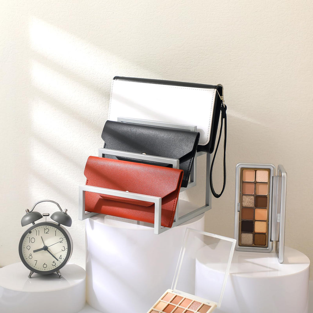 DoubleFill 2 Pack Purse Organizer for Closet Display 3 Layer Riser Stand Silver