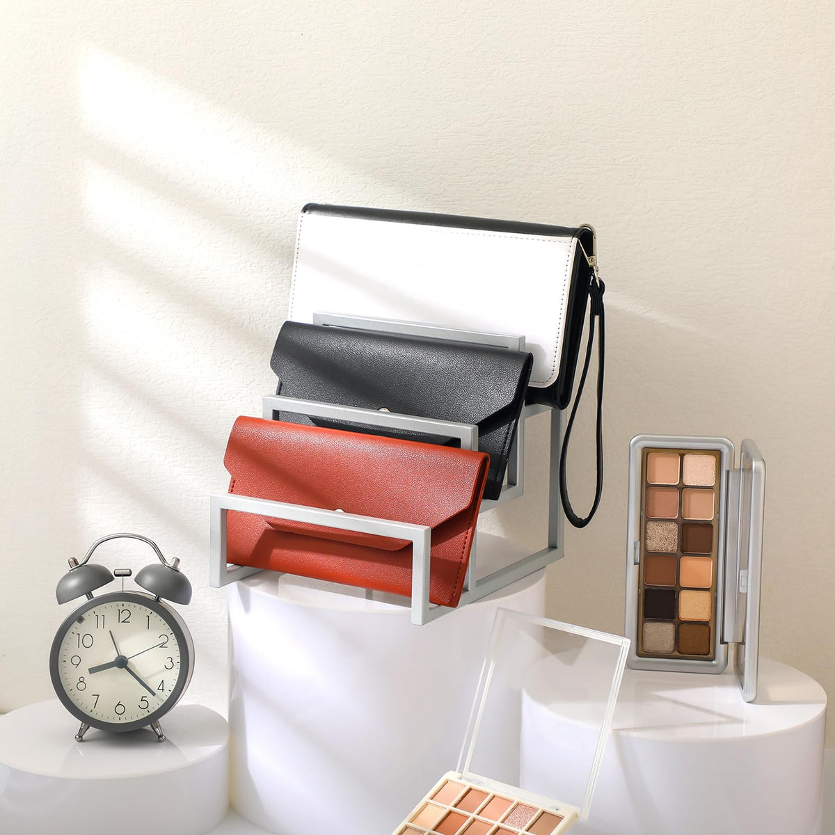 DoubleFill 2 Pack Purse Organizer for Closet Display 3 Layer Riser Stand Silver