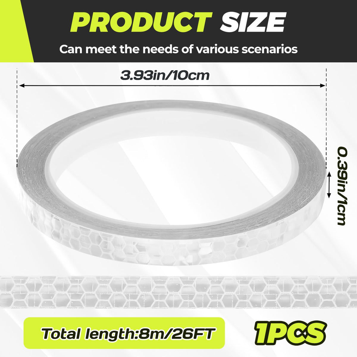 Neon Reflective Tape,0.4'' x 26ft Thin Reflective Tape for Bikes,Waterproof Self-Adhesive Reflective Strip Roll,Outdoor High Visibility Safety Warning Glow for Vehicles Bike Scooter Helmet (White) White