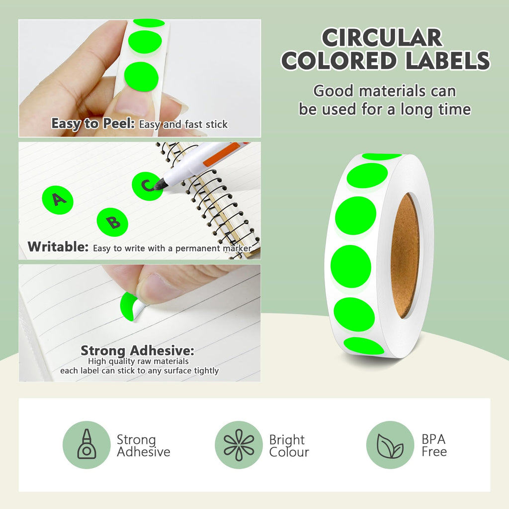 10000Pcs Fluorescent Green Dot Stickers, 1/2" Round Circle Label Permanent 10 Rolls-10000PCS