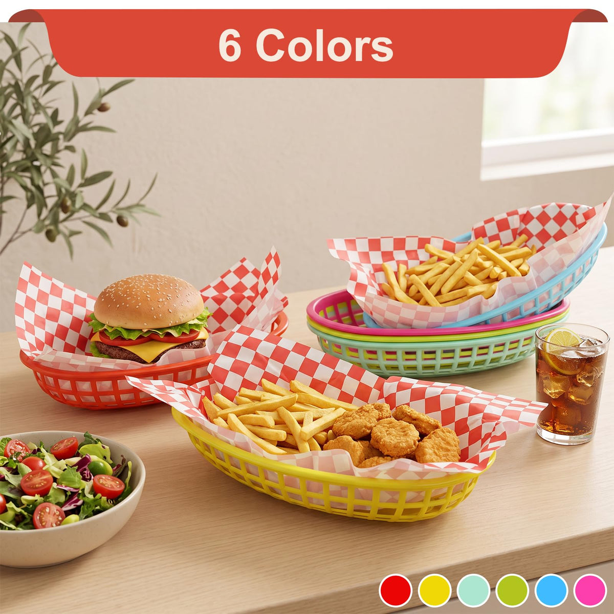 Ninsula Fast Food Baskets 6 Pack, Reusable Colorful Plastic Food Baskets, Oval 6.1 x 9.6 Inch Serving Basket for Food, Burgers, Fries, Sweets, Crisps, Picnics, Parties and BBQ