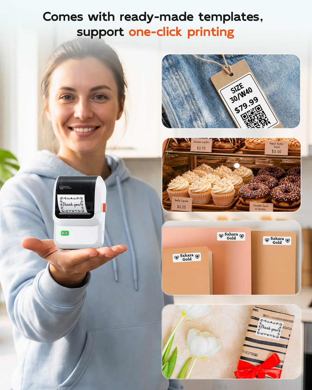 Ponek Label Makers with 1 Roll (100 PCS) Labels, Bluetooth Label Printer White 1 Printer+1 Roll Label