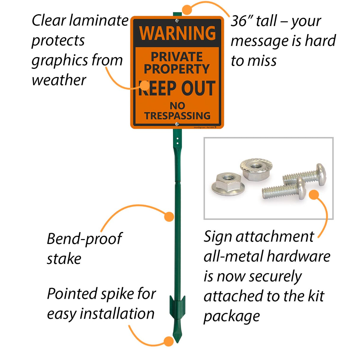 SmartSign 12 x 10 inch “Warning - Private Property, Keep Out, No Trespassing” LawnBoss Yard Sign with 3 foot Stake, 40 mil Laminated Rustproof Aluminum, Black and Orange, Set of 1