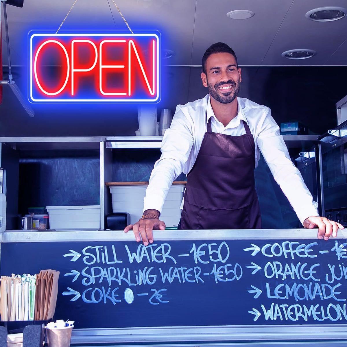 16.5" X 9" Led Neon Open Signs for Business - 12V/2A Ultra Bright Led Neon Sign with ON/OFF Switch - Plug In Electric Light Up Sign for Bar, Salon, Coffee Stores, Club, Hotel (Horizontal) Blue/Red-Horizontal 16.5x9 inch with AC Adapter