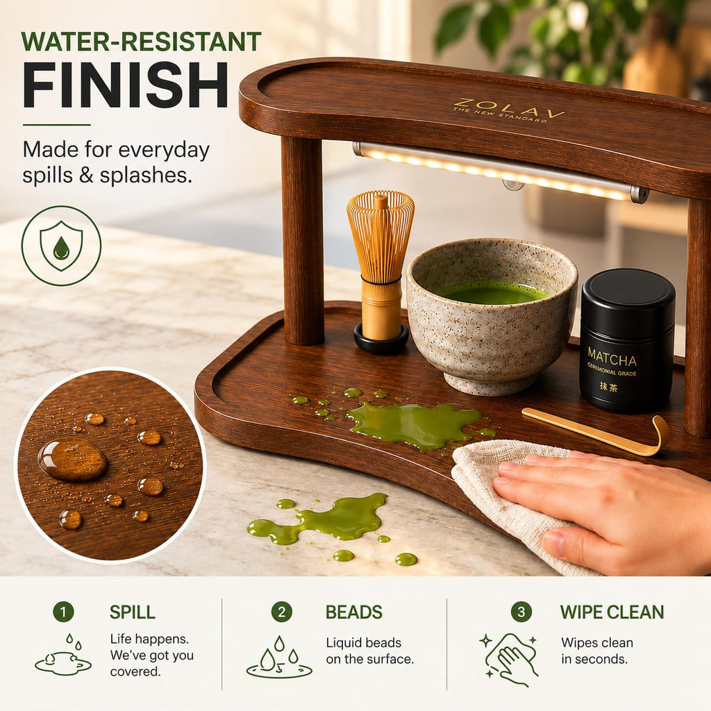 Matcha Station Organizer with Motion Sensor LED Light, 2-Tier Bamboo Matcha Stand Shelf, Countertop Coffee & Tea Station Organizer