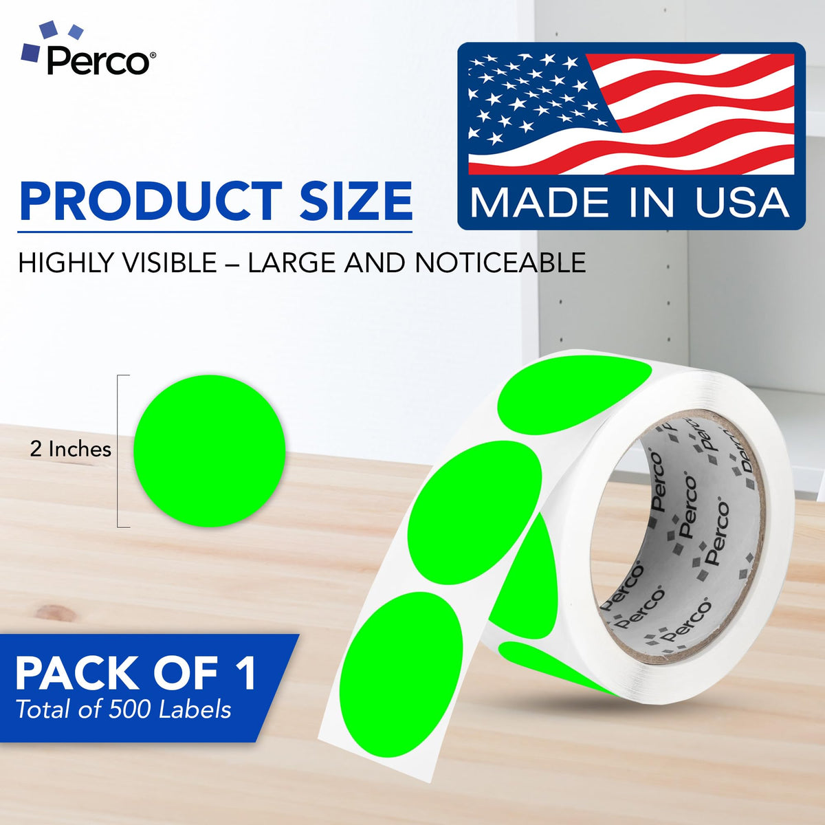 Perco Fluorescent Green 2-Inch Round Circle Dot Sticker Labels with Permanent Adhesive - 500 Labels per Roll - Vibrant Colors, Strong Adhesion - Made in USA 1 Roll