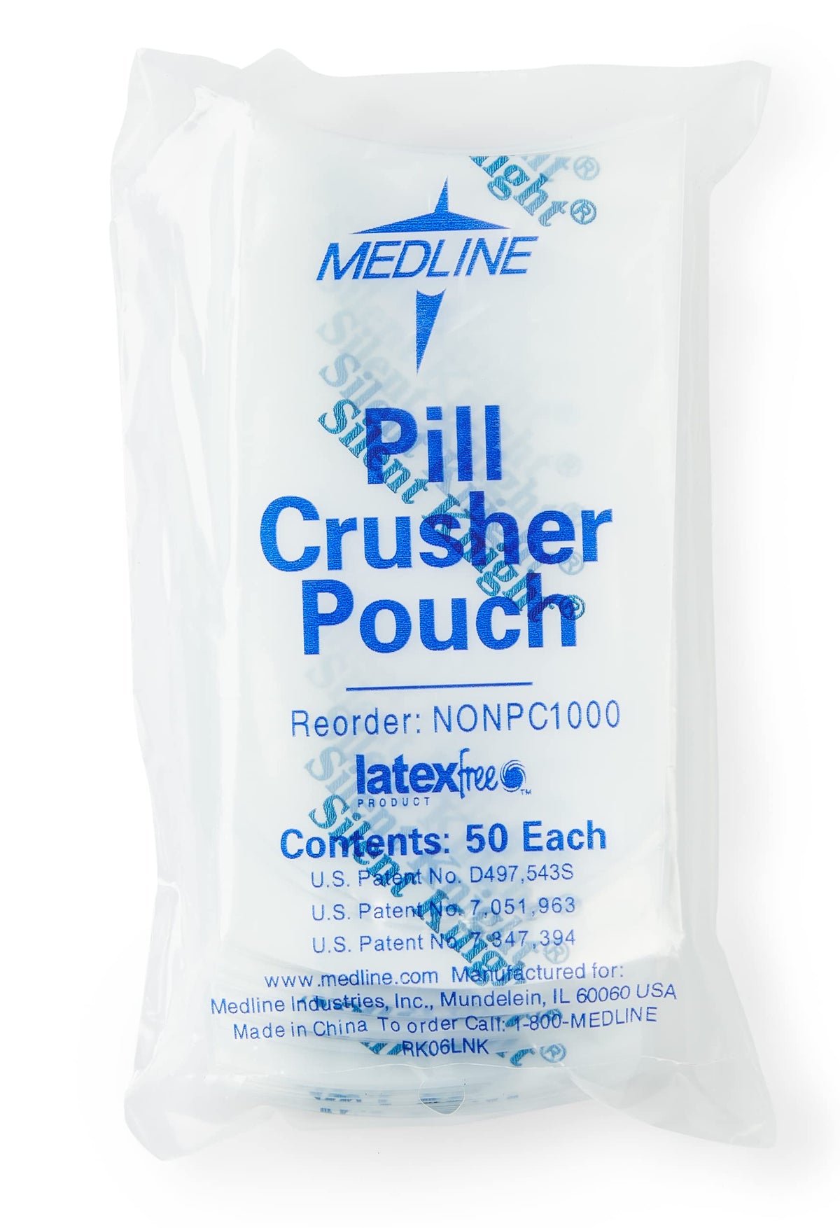 Medline Silent Knight pill crusher with medication pouches, easy-to-use device for crushing pills, pack of 50.