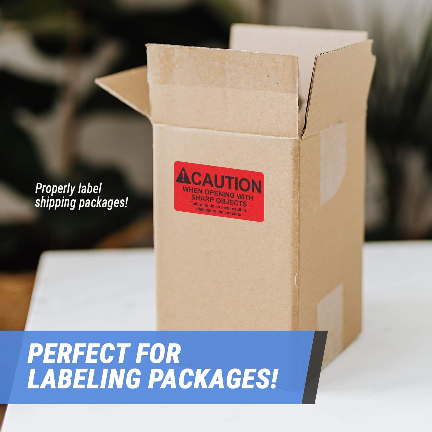 Caution When Opening with Sharp Object Labels (4 x 2 inch, Red - 300 Labels) International Instruction Warning Labels with Strong Adhesive