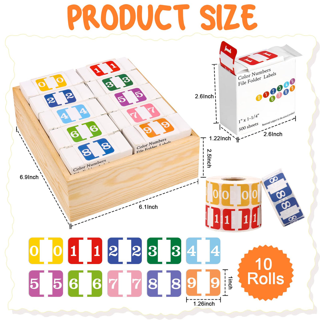 10 Rolls Number File Folder Labels Set Color Series Chart Stickers with Wooden Tray Set of Numbers 0-9 File Labels for File Folders Number Label Index Numeric Labels Index Stickers for Office School
