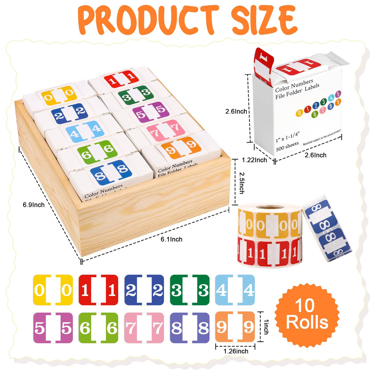 10 Rolls Number File Folder Labels Set Color Series Chart Stickers with Wooden Tray Set of Numbers 0-9 File Labels for File Folders Number Label Index Numeric Labels Index Stickers for Office School