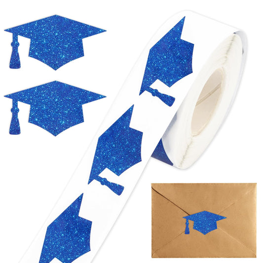 Waline Blue Graduation Cap Stickers - Laser Silver Sealing Labels, Self-Adhesive, 1.5x0.8 Inch